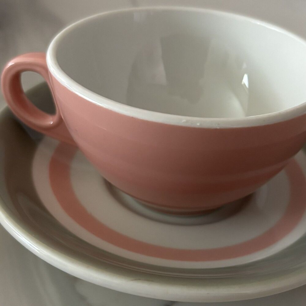 Vintage Shenango Pink & Grey Stripe Restaurant China Coffee Cup & Saucer Set 6oz